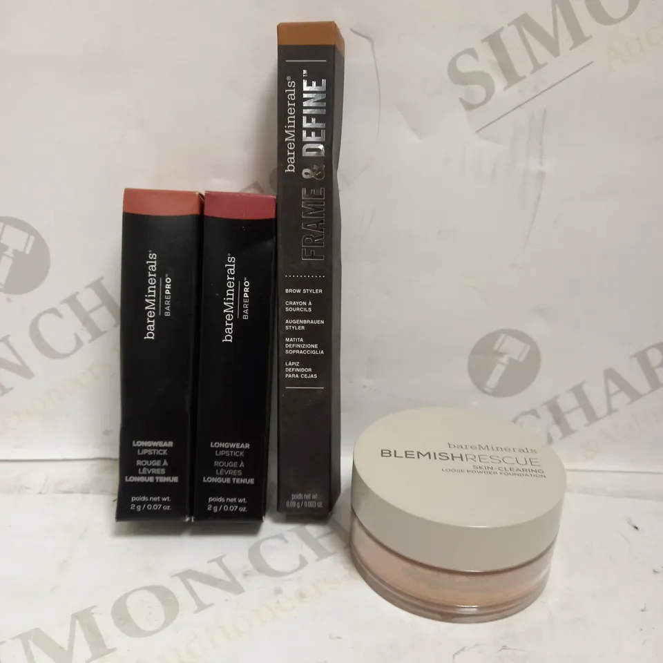 LOT OF 4 BAREMINERALS PRODUCTS TO INCLUDE BLEMISH RESCUE LOOSE POWDER FOUNDATION - FAIRLY MEDIUM 1.5C, BROW STYLER - UNIVERSAL LIGHT, LONGWEAR LIPSTICKS IN; BLOOM & SPICE