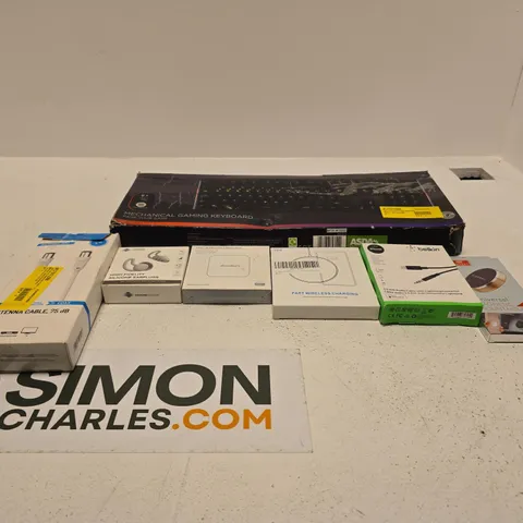 BOX OF APPROXIMATELY 28 ASSORTED ITEMS TO INCLUDE GAMING KEYBOARD, MAGNETIC MOUNT HOLDER, BELKIN CABLE, WIRELESS CHARGER, GROUND SHAKER EARPLUGS ETC