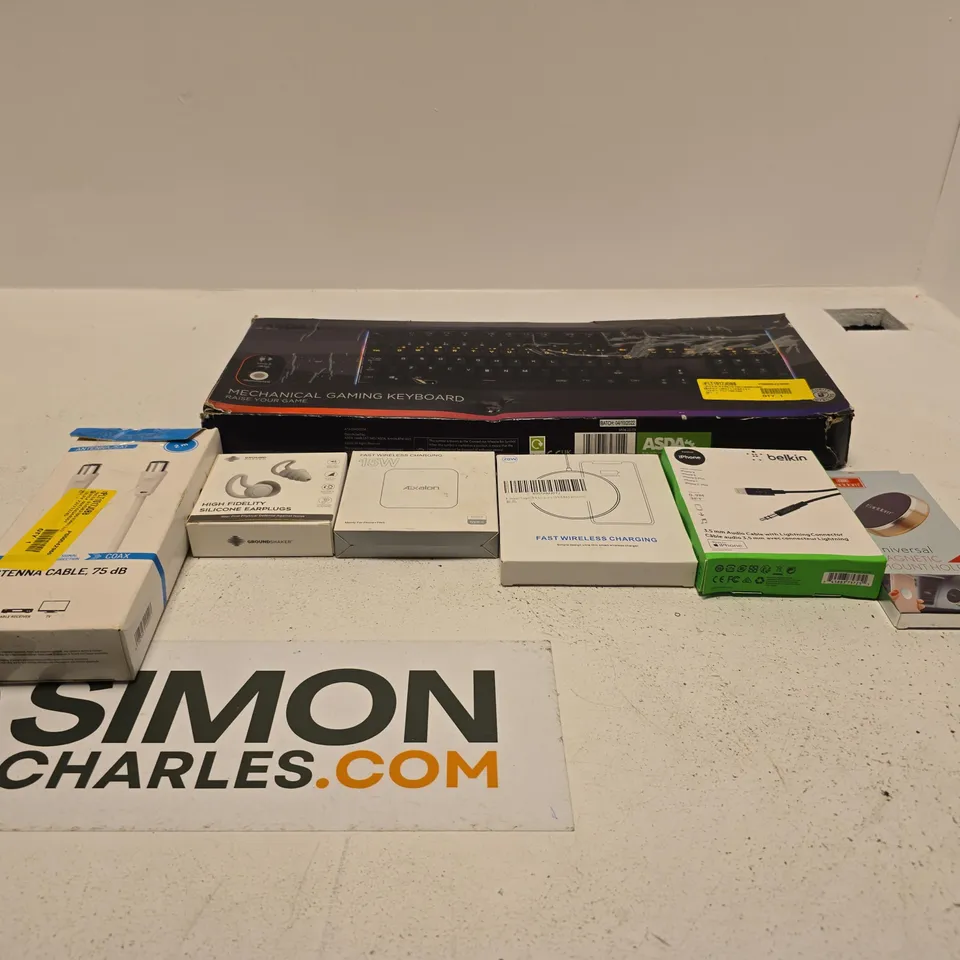 BOX OF APPROXIMATELY 28 ASSORTED ITEMS TO INCLUDE GAMING KEYBOARD, MAGNETIC MOUNT HOLDER, BELKIN CABLE, WIRELESS CHARGER, GROUND SHAKER EARPLUGS ETC