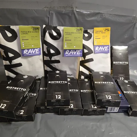 APPROXIMATELY 14  ASSORTED COFFEE ITEMS TO INCLUDE RAVE TANZANIA MBILI TWIGA, CAFEPOD SUPERCHARGER ESPRESSO, RISTRETTO INTENSITY 12 PODS, ETC