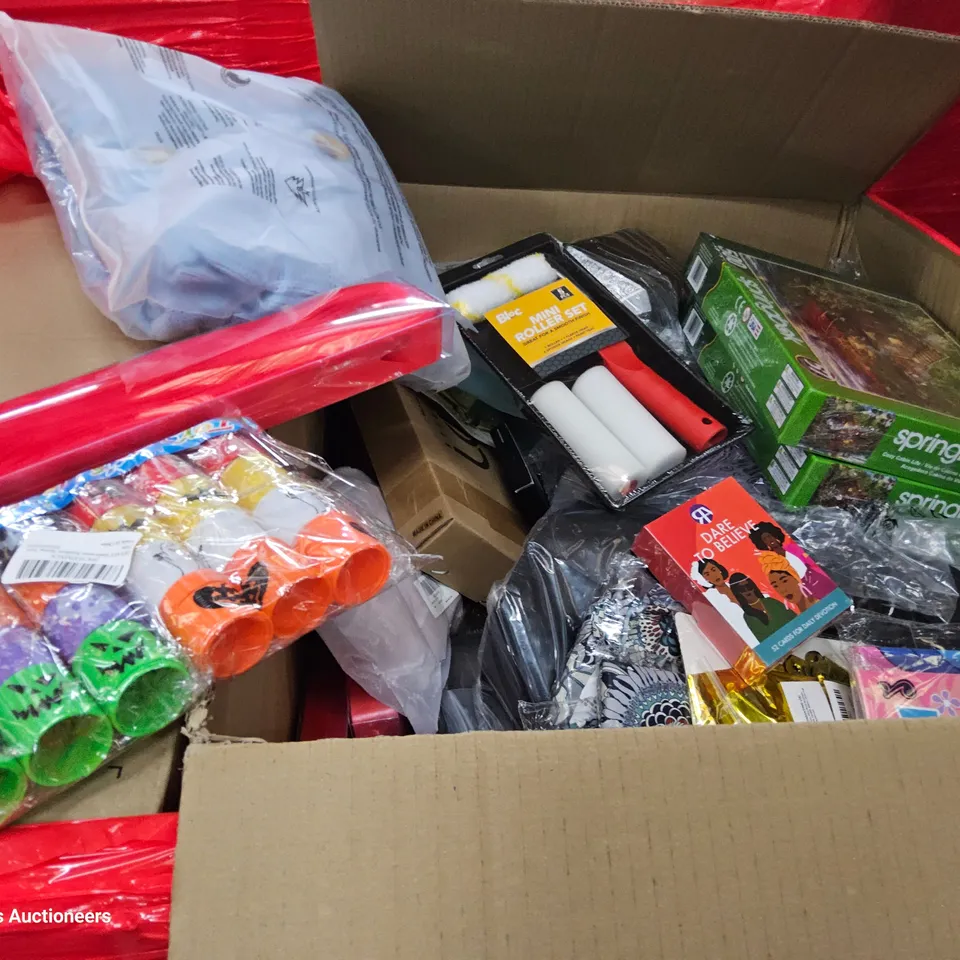 PALLET CONTAINING 6 BOXES OF ASSORTED ITEMS, TO INCLUDE, JIG SAWS, CLOTHING, DECORATIONS, RIBBONS, IPAD CASES, BATH TOY SETS, CRIMPING TOOL, UK CAR STICKERS.