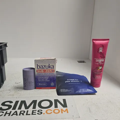 TOTE OF APPROXIMATELY 10 ASSORTED ITEMS INCLUDING GIVE ME SHAMPOO, WATER2 THREE AROMATIC SHOWER STEAMERS AND BAZUKA SUB-ZERO