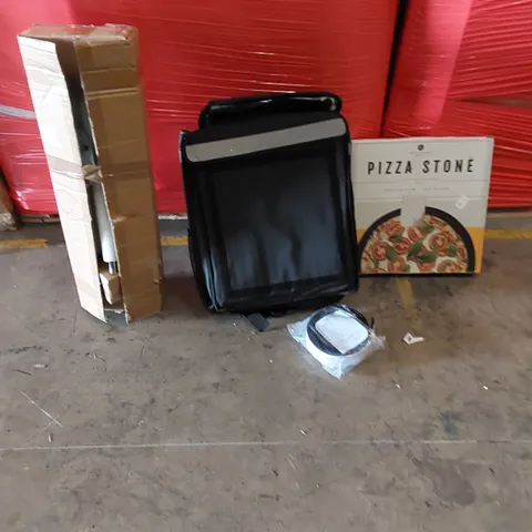 PALLET OF ASSORTED ITEMS INCLUDING, CERAMIC PIZZA STONE, INSULATED BACKPACK, SHOWER RAIL, ZSTICK TAPE 