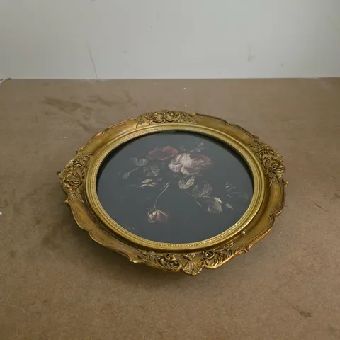 DARK ROSES IN GOLD STYLE OVAL FRAME VINTAGE PAINTING REPRODUCTION BOXED