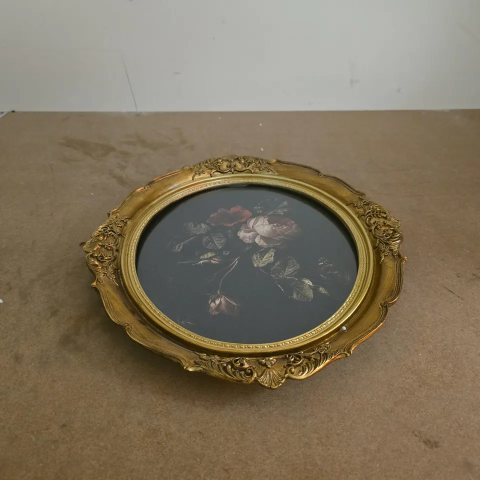 DARK ROSES IN GOLD STYLE OVAL FRAME VINTAGE PAINTING REPRODUCTION BOXED