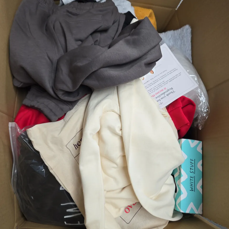 LARGE BOX OF ASSORTED CLOTHING ITEMS IN VARIOUS SIZES, STYLES AND COLOUR 