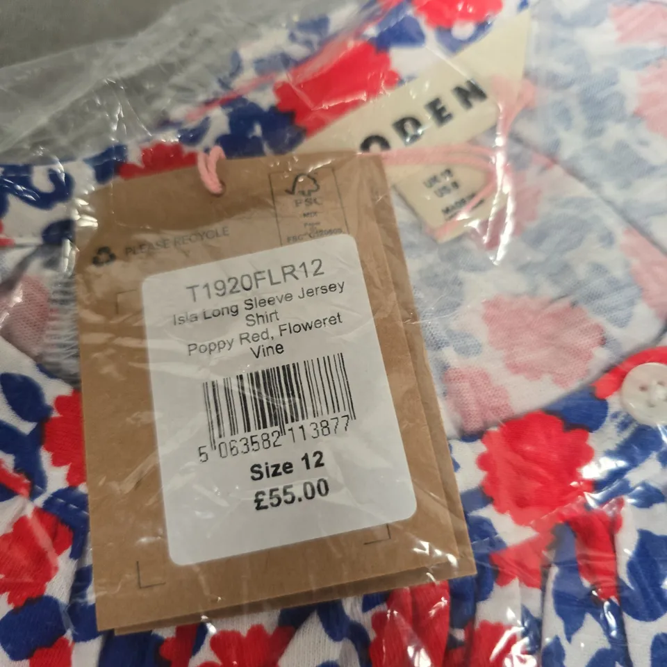 BODEN ISLA LONG SLEEVE JERSEY SHIRT – FLORAL PRINT, SIZE 12