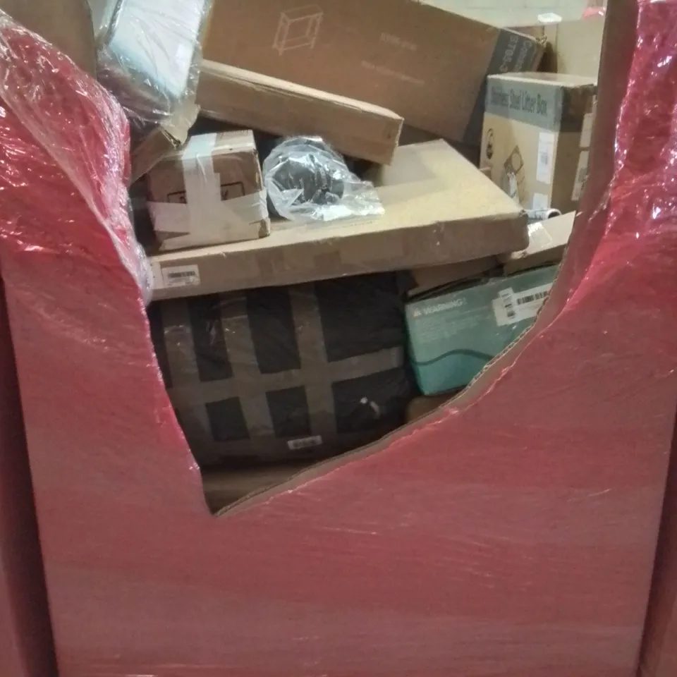 PALLET CONTAINING VARIOUS ASSORTED BOXED HOUSEHOLD ITEMS TO INCLUDE: METAL BED FRAME, STAINLESS STEEL CAT LITTER BOX, SIDE TABLE, NEST OF COFFEE TABLES AND LOTS MORE UNMARKED BOXED ITEMS 