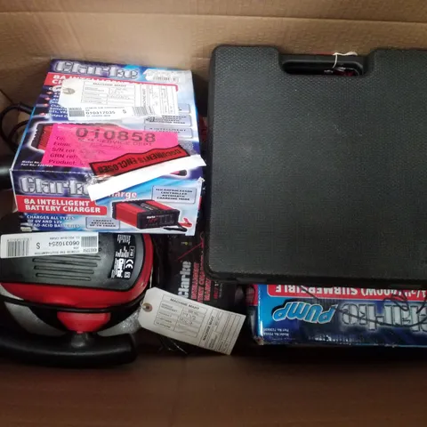 BOX CONTAINING ASSORTED SCRAP ITEMS INCLUDING 254MM (10") POLISHER, 8A INTELLIGENT BATTERY CHARGER & SUBMERSIBLE PUMP WITH FOLDING BASE