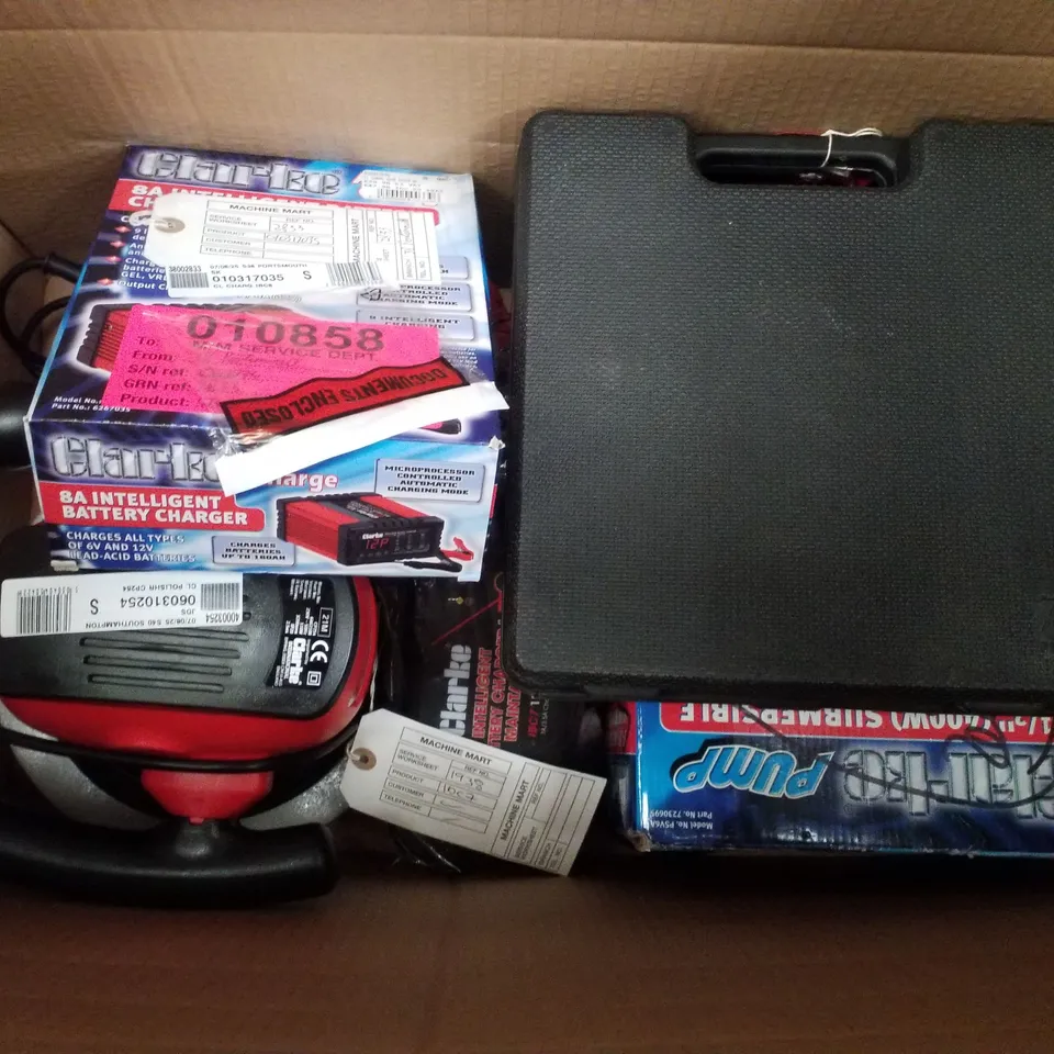 BOX CONTAINING ASSORTED SCRAP ITEMS INCLUDING 254MM (10") POLISHER, 8A INTELLIGENT BATTERY CHARGER & SUBMERSIBLE PUMP WITH FOLDING BASE