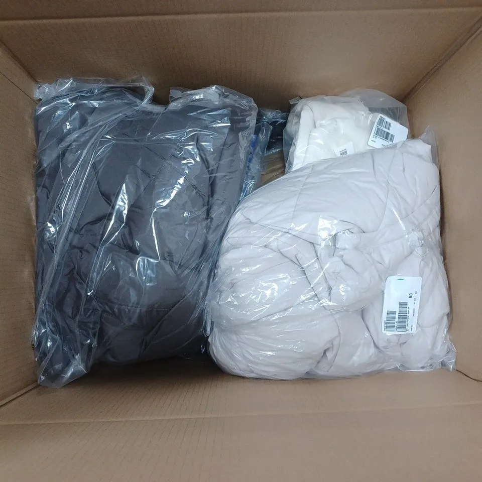 BOX OF APPROXIMATELY 10 ASSORTED BAGGED PIECES OF CLOTHING IN VARIOUS STYLES, SIZES, AND BRANDS 