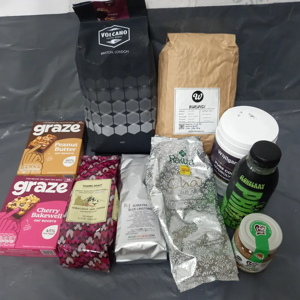 APPROXIMATELY 10 ASSORTED FOOD & DRINK ITEMS TO INCLUDE - GRAZE OAT BOOSTS - VOLCANO COFFEE BEANS - PIP & NUT COCONUT ALMOND BUTTER - ETC 