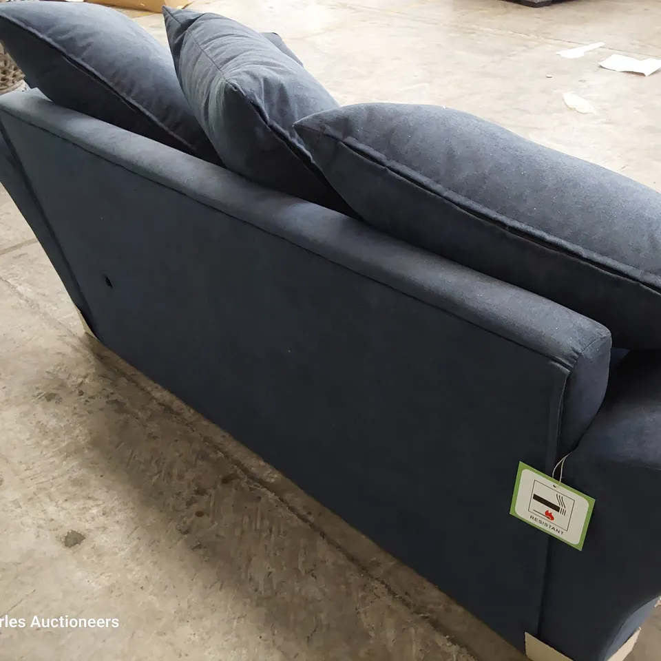 DESIGNER TWO SEATER SOFA WITH SCATTER CUSHIONS BLUE FABRIC 