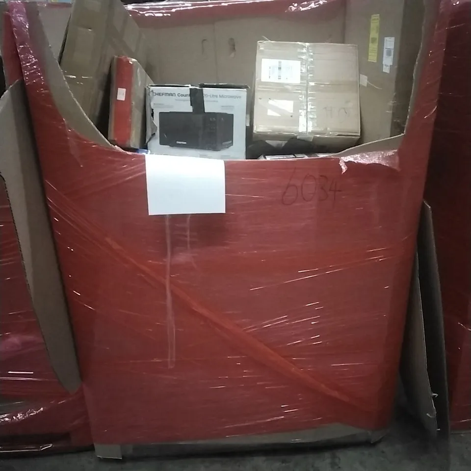 PALLET OF ASSORTED HOUSEHOLD GOODS AND PRODUCTS TO INCLUDE; CHEFMAN MICROWAVES, CEILING FAN WITH LIGHT, BOXED FURNITURE ETC