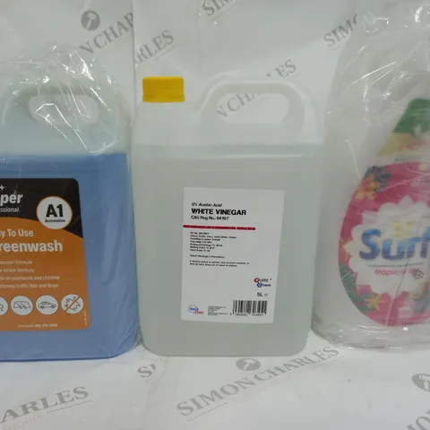 BOX OF APPROX 3 ASSORTED LIQUIDS TO INCLUDE - SURF LILY - WHITE VINEGAR - SUPER SCREEN WASH