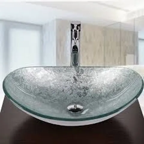 Boxed Bathroom Glass Counter Top Silver Basin Cloakroom Hand Wash Oval Sink Modern UK