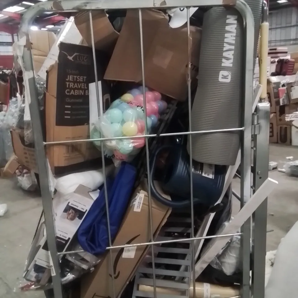 CAGE OF ASSORTED HOUSEHOLD GOODS AND PRODUCTS TO INCLUDE;HEATED BLANKET,EXERCISE BALL,YOGA MAT