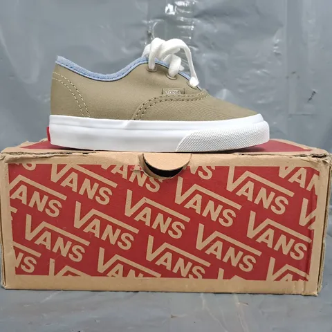 BOXED PAIR OF VANS TODDLER SHOES IN DARK TAUPE SIZE 6