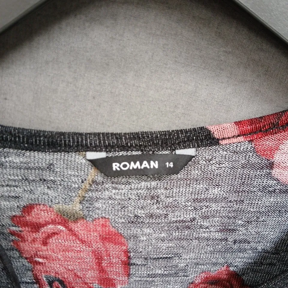 ROMAN FLORAL PRINT TOP – BLACK MARL WITH PINK & RED ROSES, UK SIZE 14