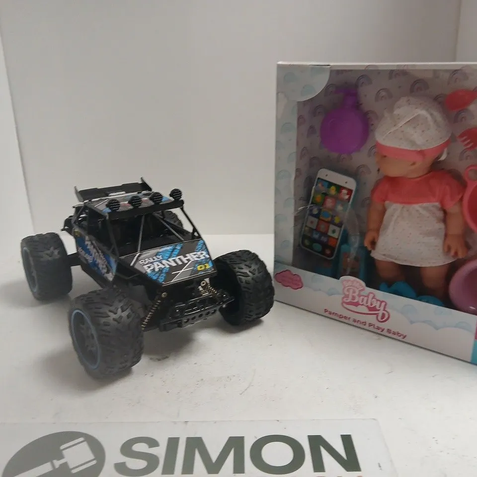BOX OF APPROXIMATELY 10 ASSORTED TOYS TO INCLUDE: MONSTER WHEELS RC TRUCK AND BE MY BABY SET 
