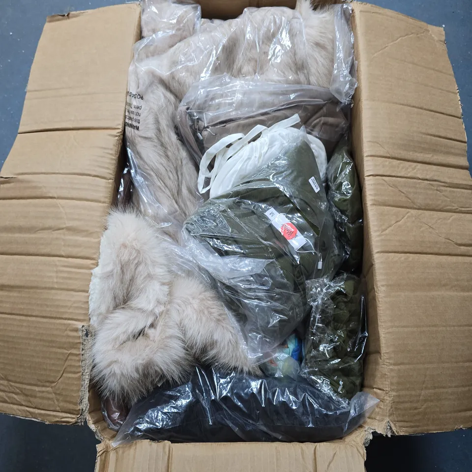 BOX OF APPROXIMATELY 12 ASSORTED CLOTHING ITEMS IN VARIOUS STYLES , COLOURS AND SIZES