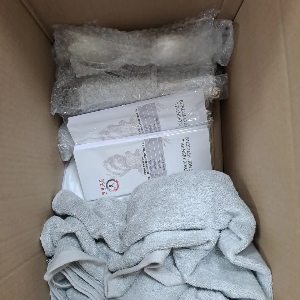 BOX OF APPROXIMATELY 10 ASSORTED ITEMS TO INCLUDE CUTLERY SET, CHRISTMAS DECORATION, SUBLIMATION PAPER ETC