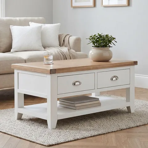 BOXED CHESHIRE WHITE PAINTED 2 DRAWER COFFEE TABLE WITH SHELF