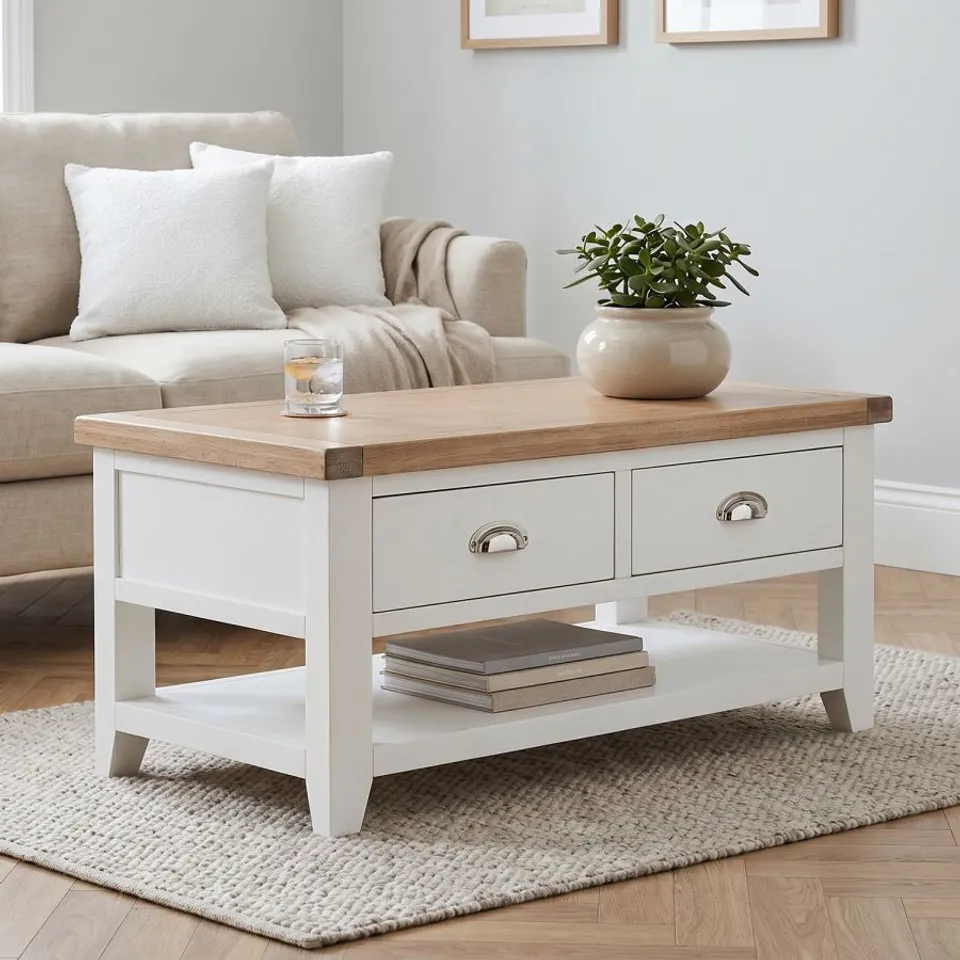 BOXED CHESHIRE WHITE PAINTED 2 DRAWER COFFEE TABLE WITH SHELF
