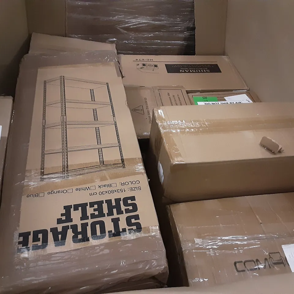 PALLET OF ASSORTED PRODUCTS INCLUDING SA PRODUCTS FOLDING UTILITY TABLE, ERGOMAKER SIT STAND DESKTOP WORKSTATION, LITHIUM ELECTRICITY GARDE TOOLS MINI CHAINSAW, COMHOME, SHUMAN WOODEN RETRO STEREO