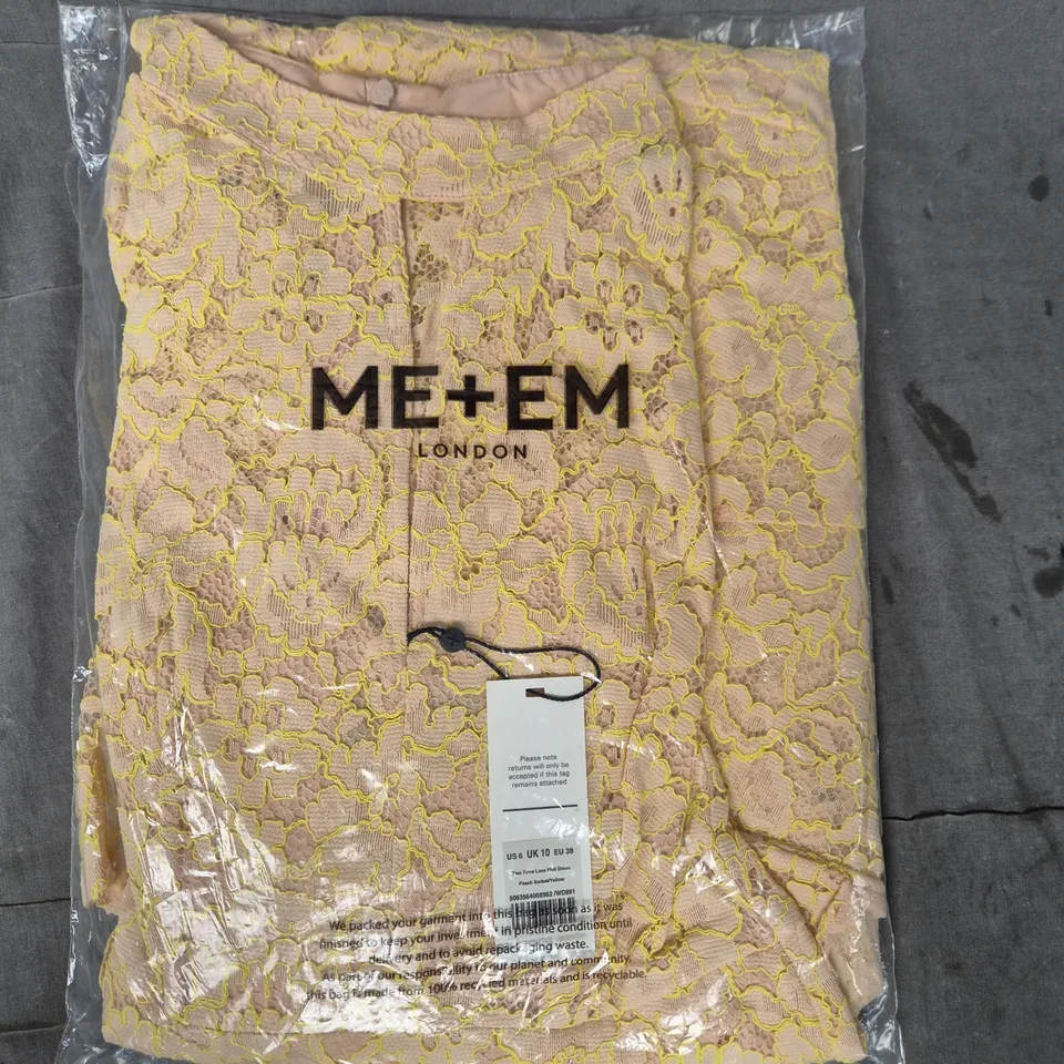 ME+EM LONDON TWO-TONE LACE MIDI DRESS – PEACH SORBET/YELLOW, UK 10