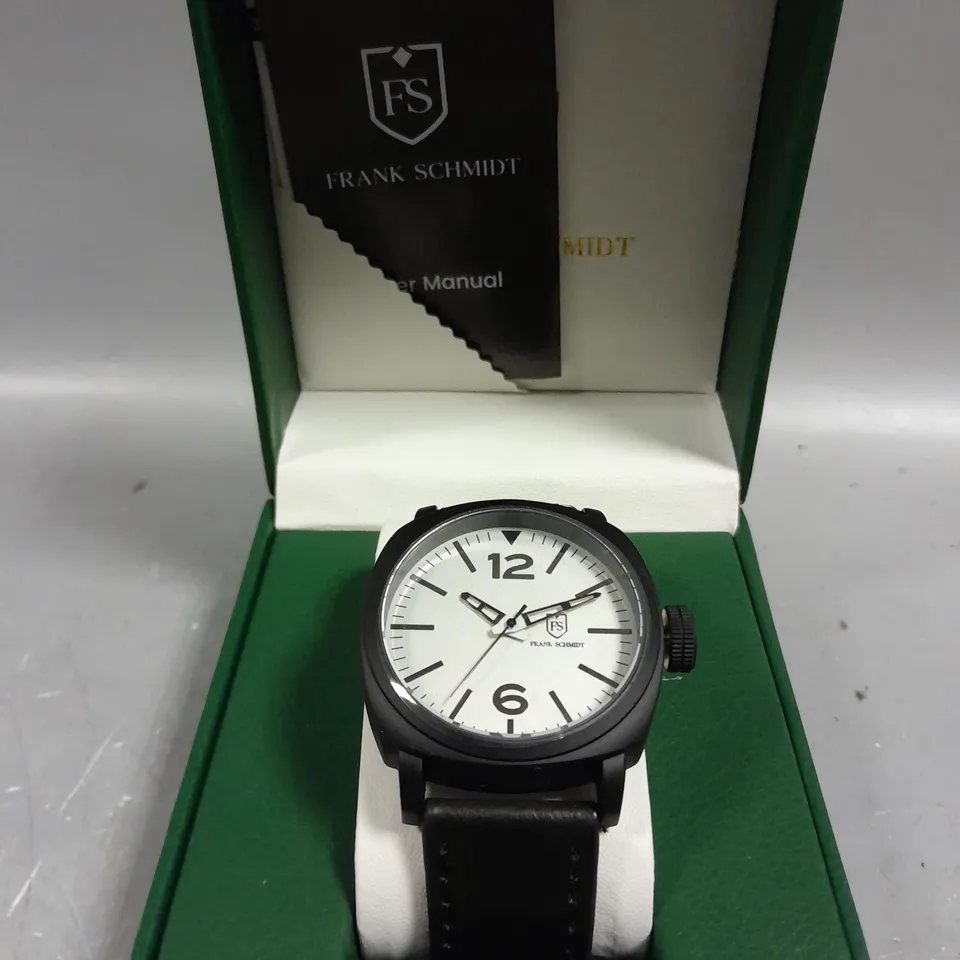 MENS FRANK SCHMIDT WATCH – LARGE BLACK CASE – WHITE PILOT DIAL – BLACK STRAP – 3ATM WATER RESISTANT 