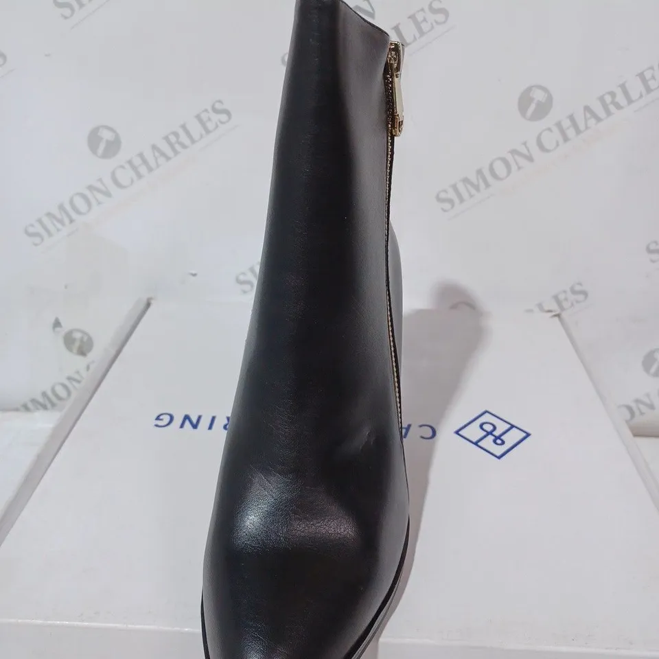 BOXED PAIR OF CALL IT SPRING EROECIA BLOCK HEEL ZIP-UP BOOTS IN BLACK SIZE 6