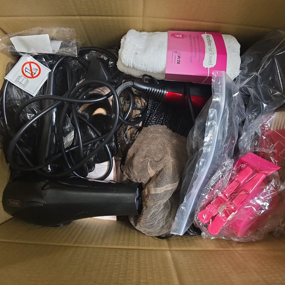 APPROXIMATELY 15 ASSORTED HAIR ACCESSORIES TO INCLUDE EXTENSIONS, HAIRDRYERS, WIG CAPS, ETC