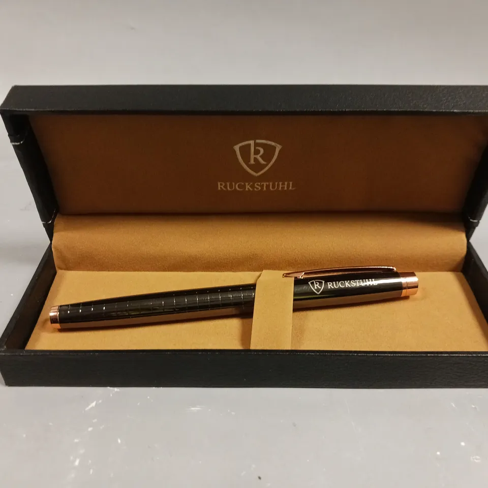 RUCKSTUHL STAINLESS STEEL LUXURY PEN IN GIFT BOX – BLACK & ROSE GOLD COLOUR CASE