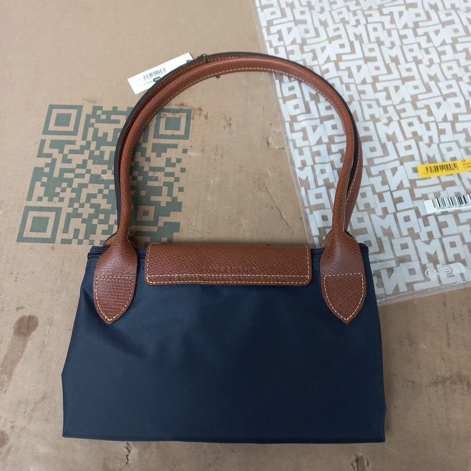 LONGCHAMP NAVY CANVAS HANDBAG WITH BROWN LEATHER TRIM