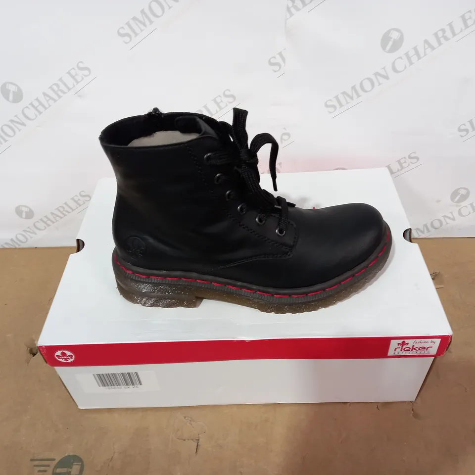 BOXED PAIR OF RIEKER BLACK BOOTS- SIZE 38