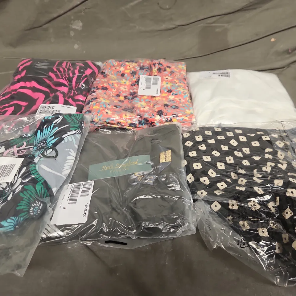 LARGE BOX OF ASSORTED CLOTHING ITEMS IN VARIOUS COLOURS, SIZES AND STYLE