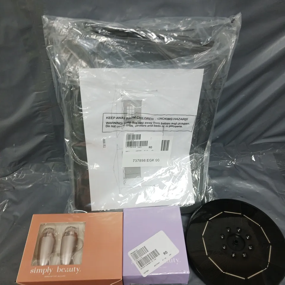 APPROXIMATELY 10 ASSORTED HOUSEHOLD PRODUCTS TO INCLUDE SOLAR FOUNTAIN LIGHTS, SIMPLY BEAUTY SET, GAZEBO ETC 