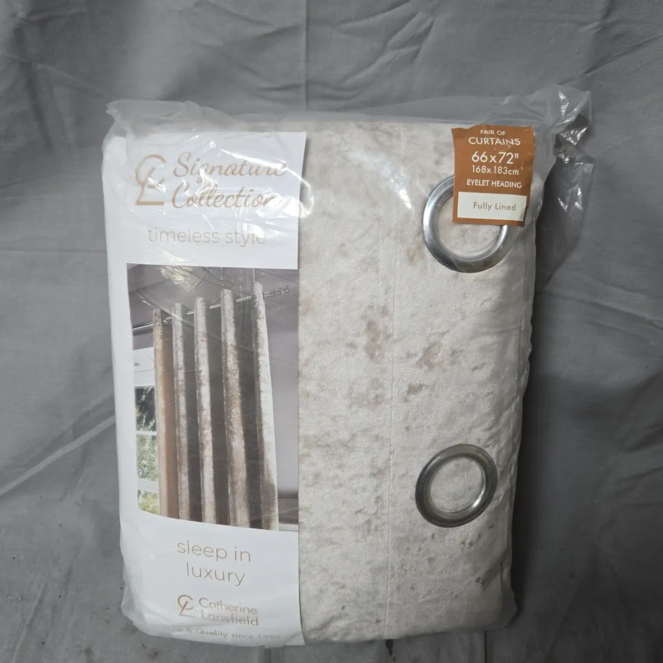 CATHERINE LANSFIELD CRUSHED VELVET EYELET LINED CURTAINS - natural - 66" X 72"
