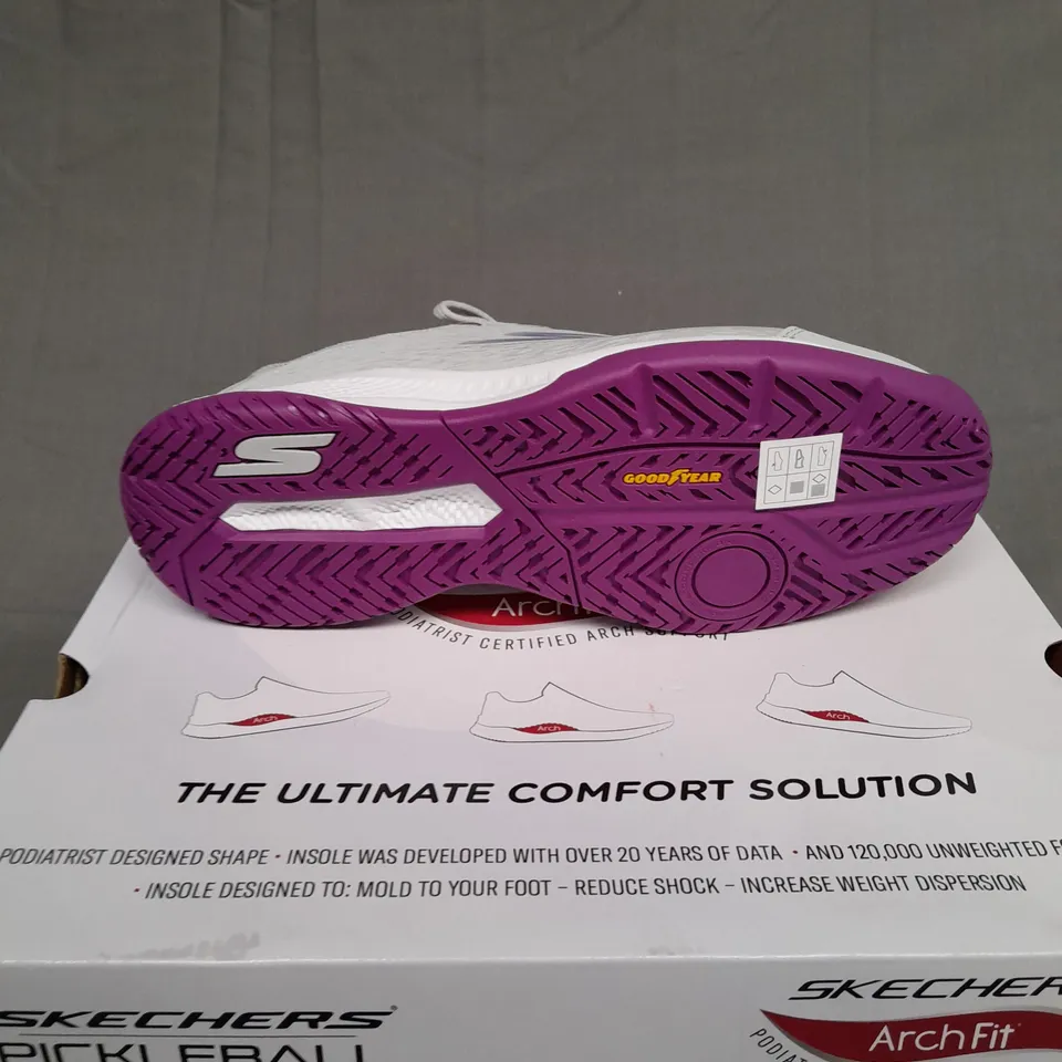 BOXED PAIR OF SKETCHERS VIPER COURT GRAY/PURPLE SIZE 10