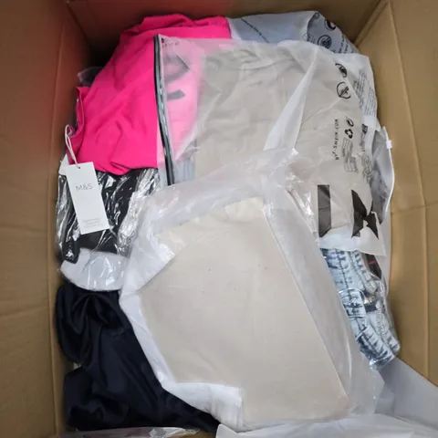 LARGE BOX OF APPROXIMATELY 20 ASSORTED CLOTHING ITEMS IN VARIOUS SIZES, STYLES AND COLOUR