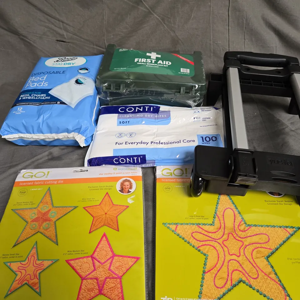 LARGE BOX OF APPROXIMATELY 15 ASSORTED HOUSEHOLD ITEMS TO INCLUDE - GO! FABRIC DIE CUTTERS - SMALL WORKPLACE FIRST AID KIT - BOOTS DISPOSABLE BED PADS - ETC