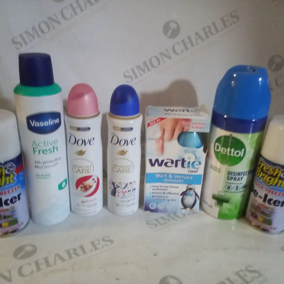 APPROXIMATELY 10 ASSORTED AEROSOLS INCLUDING VASELINE ACTIVE FRESH, WARTIE COOL WART AND VERRUCA REMOVER AND DOVE ADVANCED CARE DEODORANT - COLLECTION ONLY