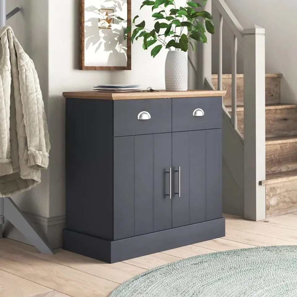 BOXED BRIELLE 79cm WIDE 2 DRAWER SIDEBOARD IN SLATE BLUE (2 BOXES)