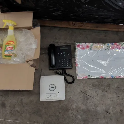 PALLET OF ASSORTED ITEMS INCLUDING: BOX OF CISCO WIRELESS ACCESS POINTS, TELEPHONE, BOX OF POWER PERFORMANCE DEGREASER, 2023 CALANDERS ECT