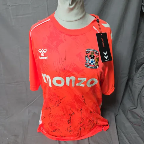 COVENTRY CITY FC AWAY FOOTBALL SHIRT – HUMMEL, HOT CORAL/WHITE, SIZE L, SIGNED