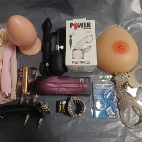 LOT OF APPROXIMATELY 30 ASSORTED SEXUAL PLEASURE ITEMS TO INCLUDE POWERHEAD DUAL SIMULATOR, HANDCUFFS, BUTT PLUGS AND BULLET VIBRATORS