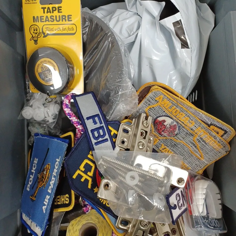 BOX OF APPROXIMATELY 20 ASSORTED HOUSEHOLD ITEMS TO INCLUDE VALUEAID ADHESIVE WOUND DRESSINGS, STANLEY TYLON 8M TAPE MEASURE, BIOEARS SOFT SILICONE EARPLUGS