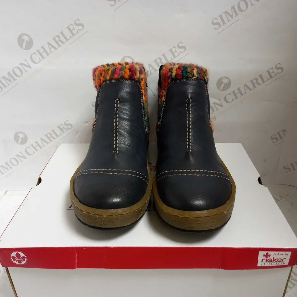 RIEKER WOOL LINED ANKLE BOOTS WITH STRAP DETAIL DARK BLUE UK SIZE 6