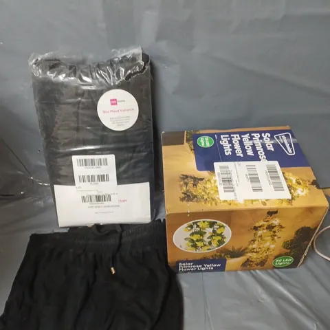 APPROXIMATELY 5 HOUSEHOLD ITEMS TO INCLUDE SOLAR LIGHTS, TROUSERS AND BEDDING